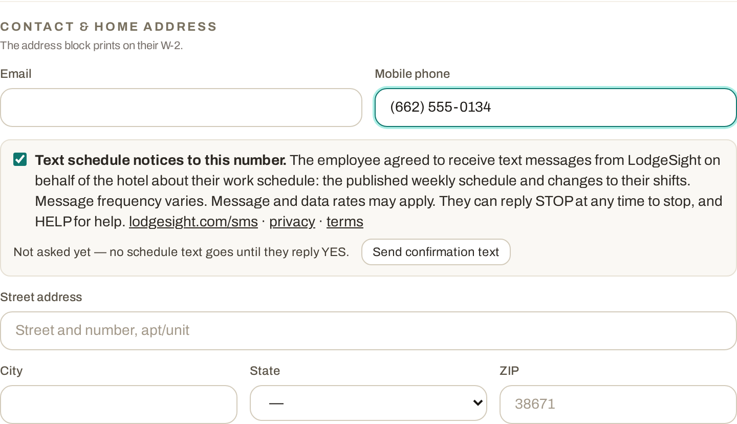 The employee profile in LodgeSight: the Mobile phone field with the 'Text schedule notices to this number' consent checkbox and the consent statement beneath it